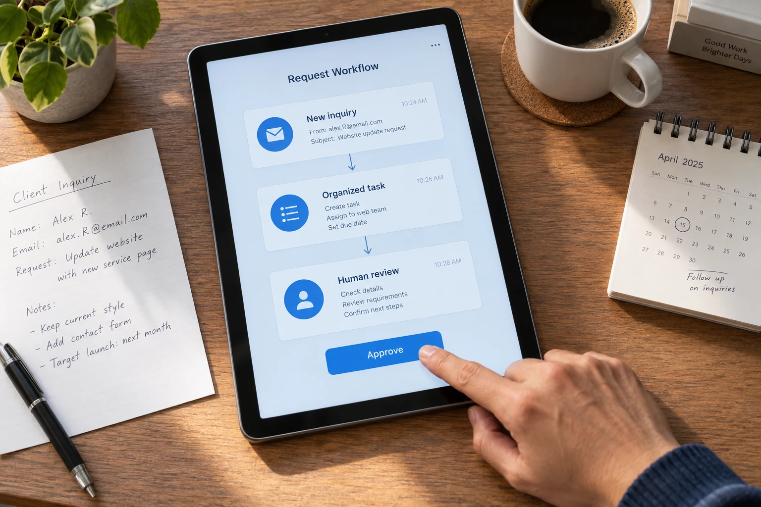 A business inquiry moving through an organized workflow on a tablet