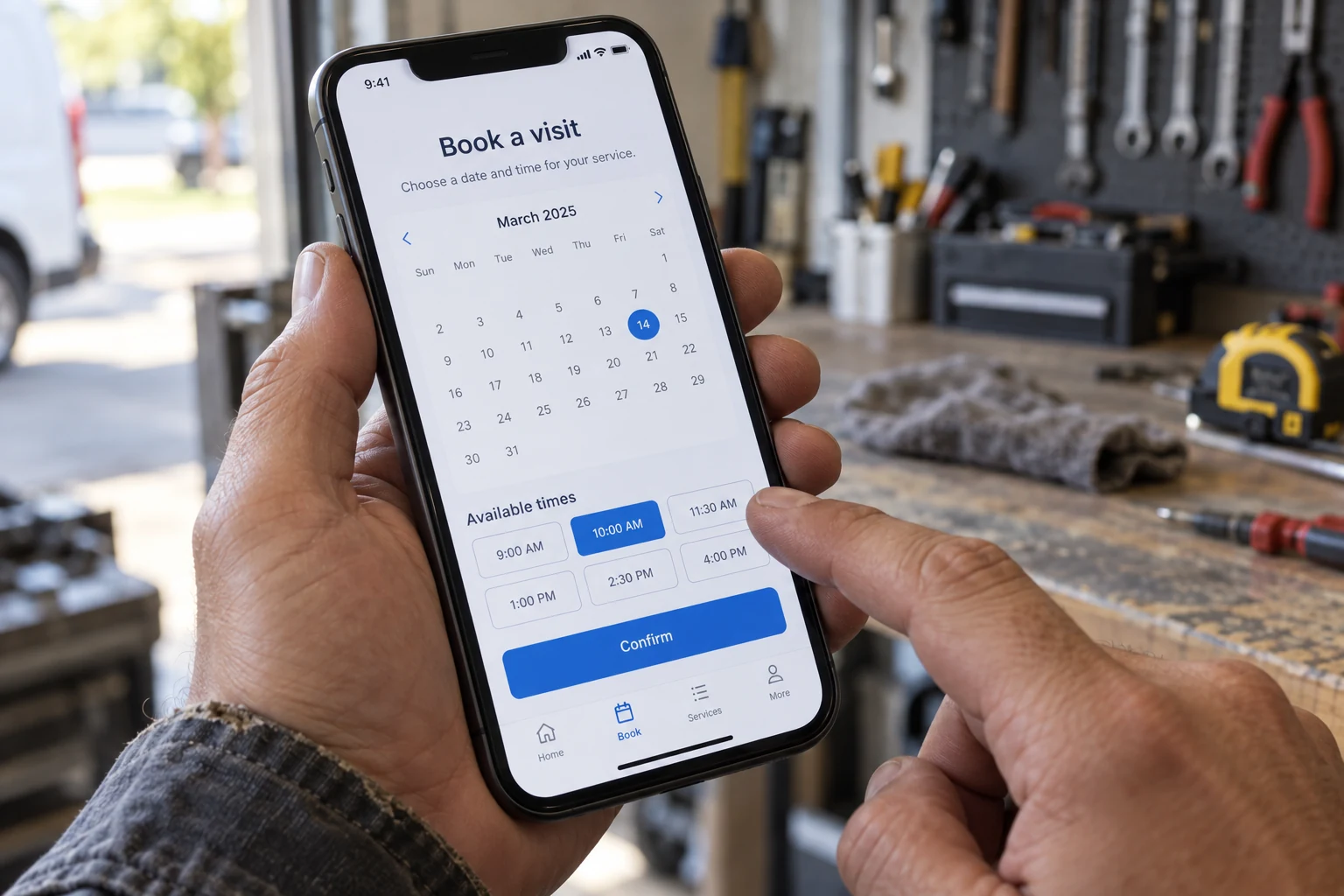 A booking application with a calendar and appointment options on a handheld phone