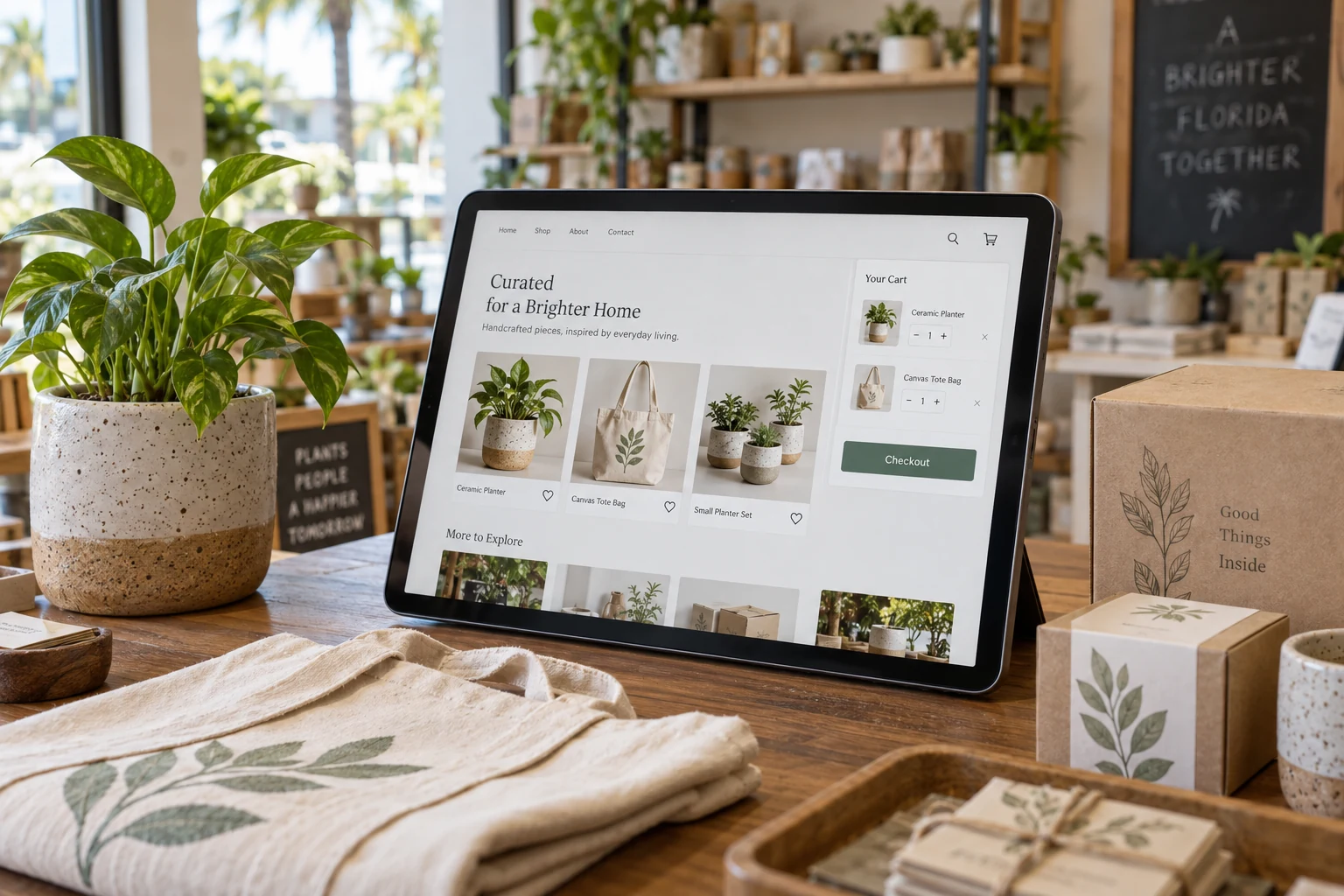 Ceramic products and packed orders beside a tablet displaying an online shop