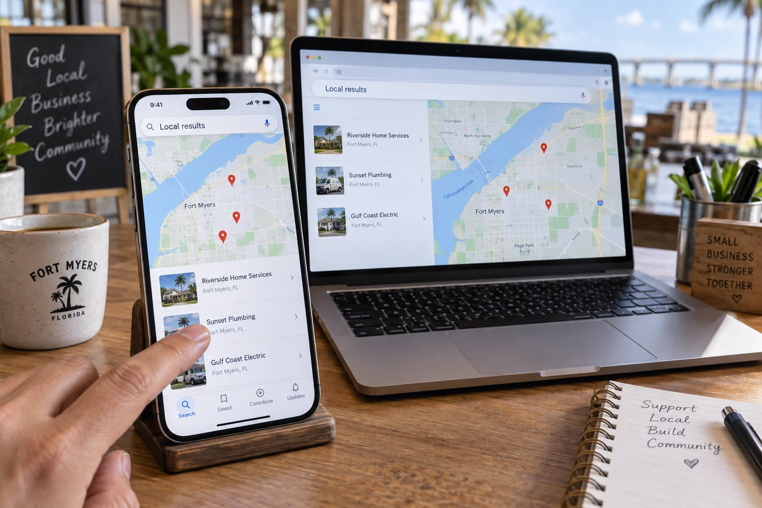 Local search results and a map on a phone and laptop at a business counter