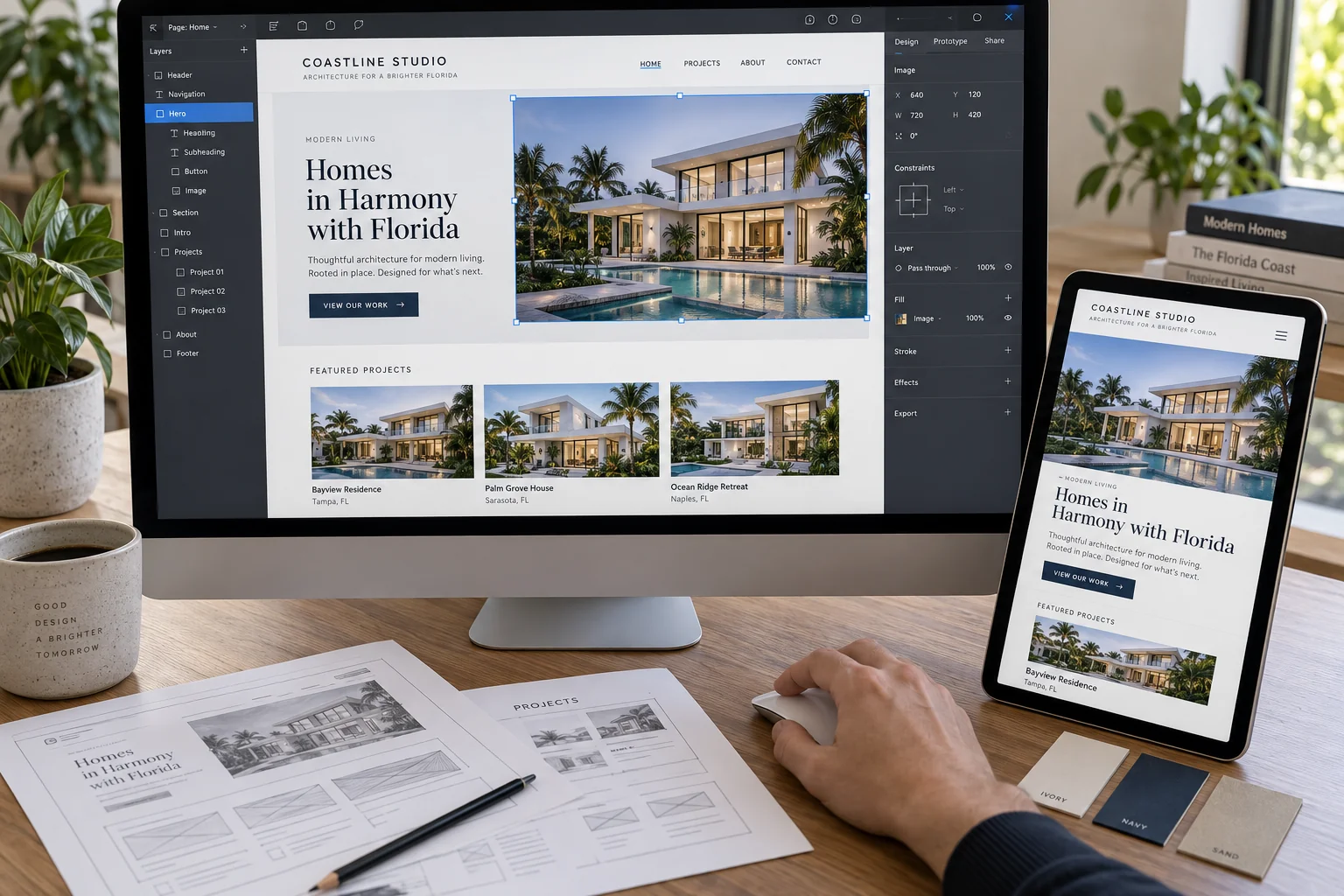 Desktop and tablet displaying a custom architecture website beside printed layout plans