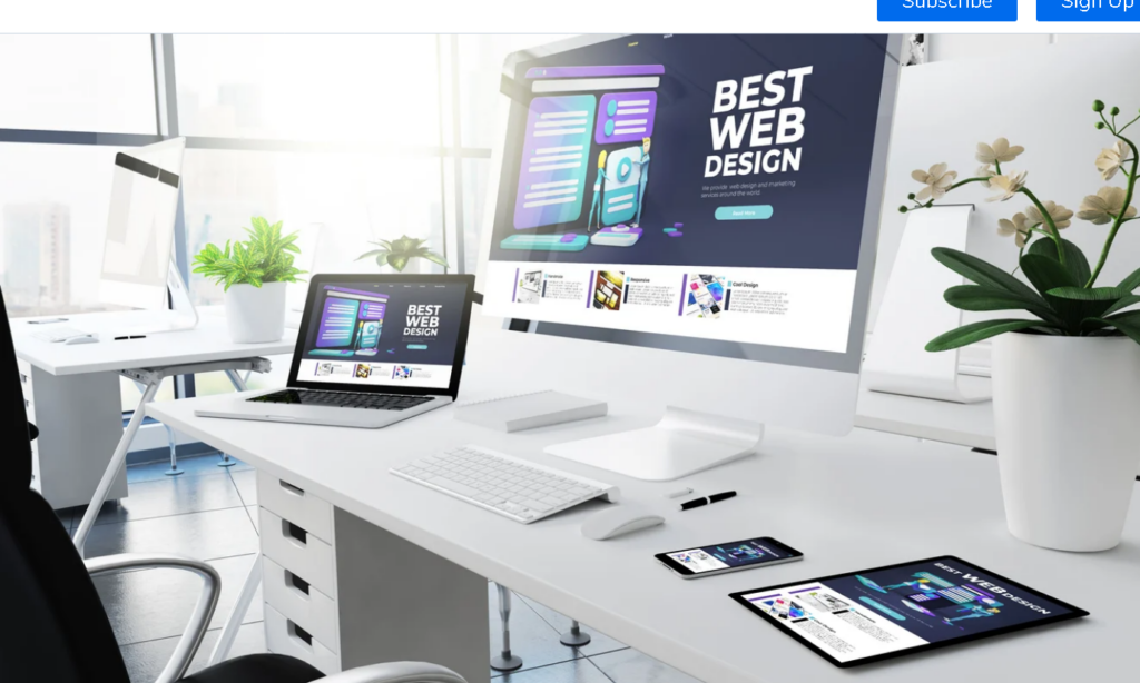 computer desk with laptop and tablet and desktop computer quickwebx